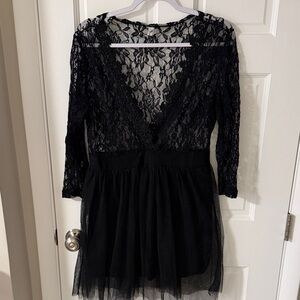 Black Sheer Lace Bodice Tulle Skirt Mini Dress Whimsigoth Dark Feminine Size XXL